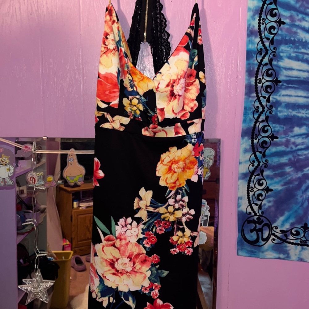 Flower print black dress